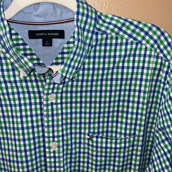 Tommy Hilfiger Men’s M Summer check blue green and white button down shirt - Picture 5 of 16